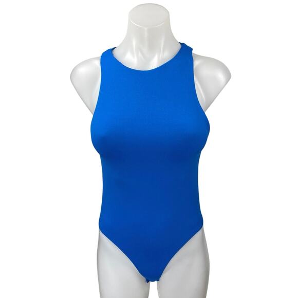 Zara Women's Blue Sleeveless Racerback High Neck One Piece Bodysuit Tank Top M - Picture 1 of 3